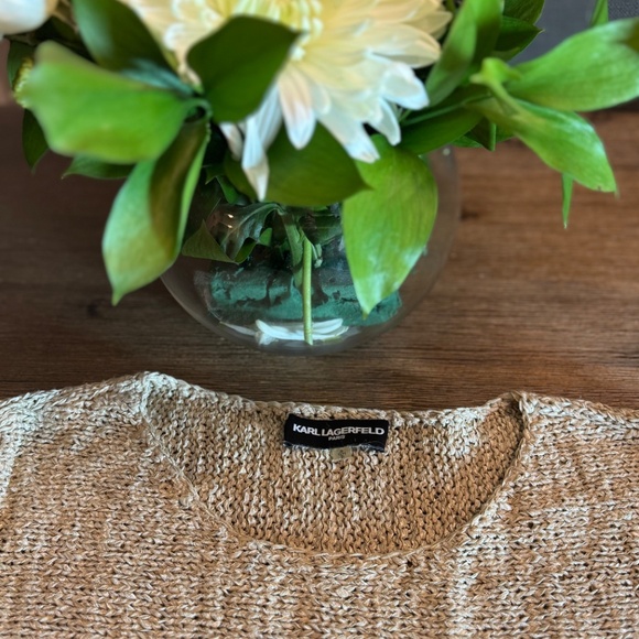 KARL LAGERFELD PARIS Knit Tunic Sweater M (Tag S) Beige Gold Shimmer 3/4 Sleeve - Picture 10 of 11